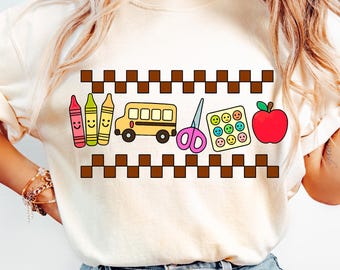 Niedliche Zurück zu Schule PNG | Lehrer Buntstifte Bus Apfel Design | Klassenzimmer Sublimation Download