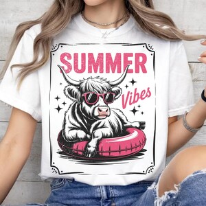 Highland Cow Summer Vibes PNG SVG | Funny Retro Beach Sublimation | Cute Cow Shirt Design