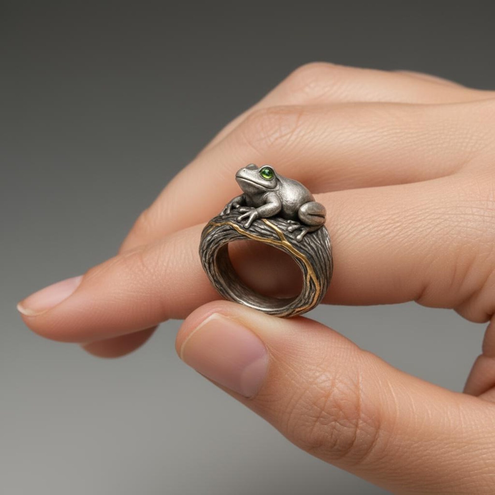Oxidized Sterling Silver Frog Ring: Green Gem Eyes, Wood-texture Band ...