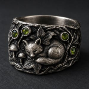 Anillo de plata de ley con diseño de bosque, zorro bebé, hojas de hiedra y piedras verdes en forma de gota de rocío.