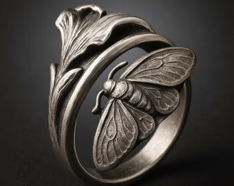 Oxidized Sterling Silver Moth Ring: Adjustable Botanical Leaf Wrap
