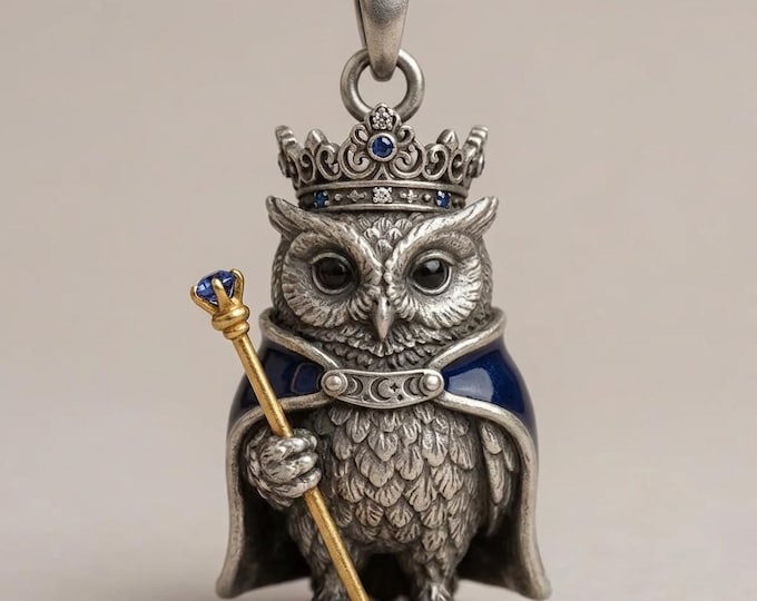 Featured listing image: Royal Owl King Pendant, Sterling Silver Finish, Blue Enamel Cloak