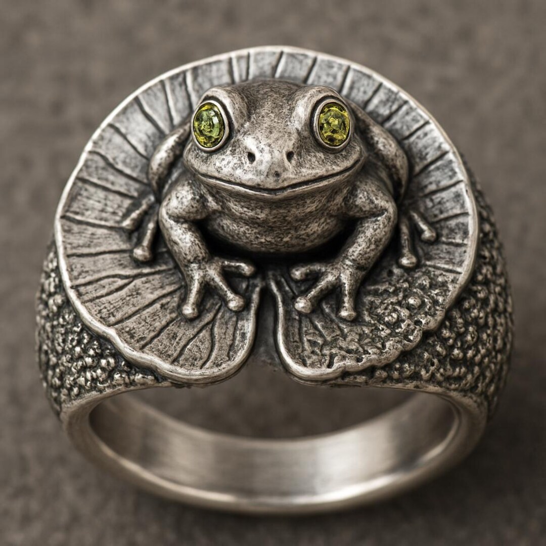 Frog Leg Rings Handmade Sterling Silver Frog Ring – Green Gemstone Eyes, Lily Pad ...