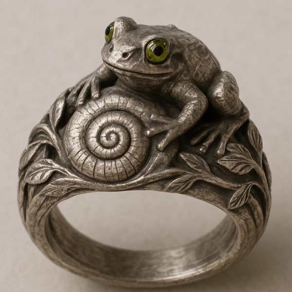 Handmade Sterling Silver Frog Ring: Sculpted Snail, Green Glass Eyes