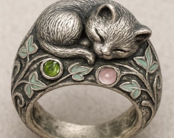 May include: A silver-toned ring featuring a sculpted sleeping cat resting atop a band decorated with embossed vine patterns, light green enamel leaves, a single round green gemstone, and a single round pale pink gemstone set in the metal.