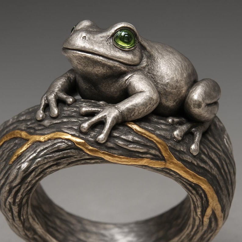 Oxidized Sterling Silver Frog Ring: Green Gem Eyes, Wood-texture Band ...