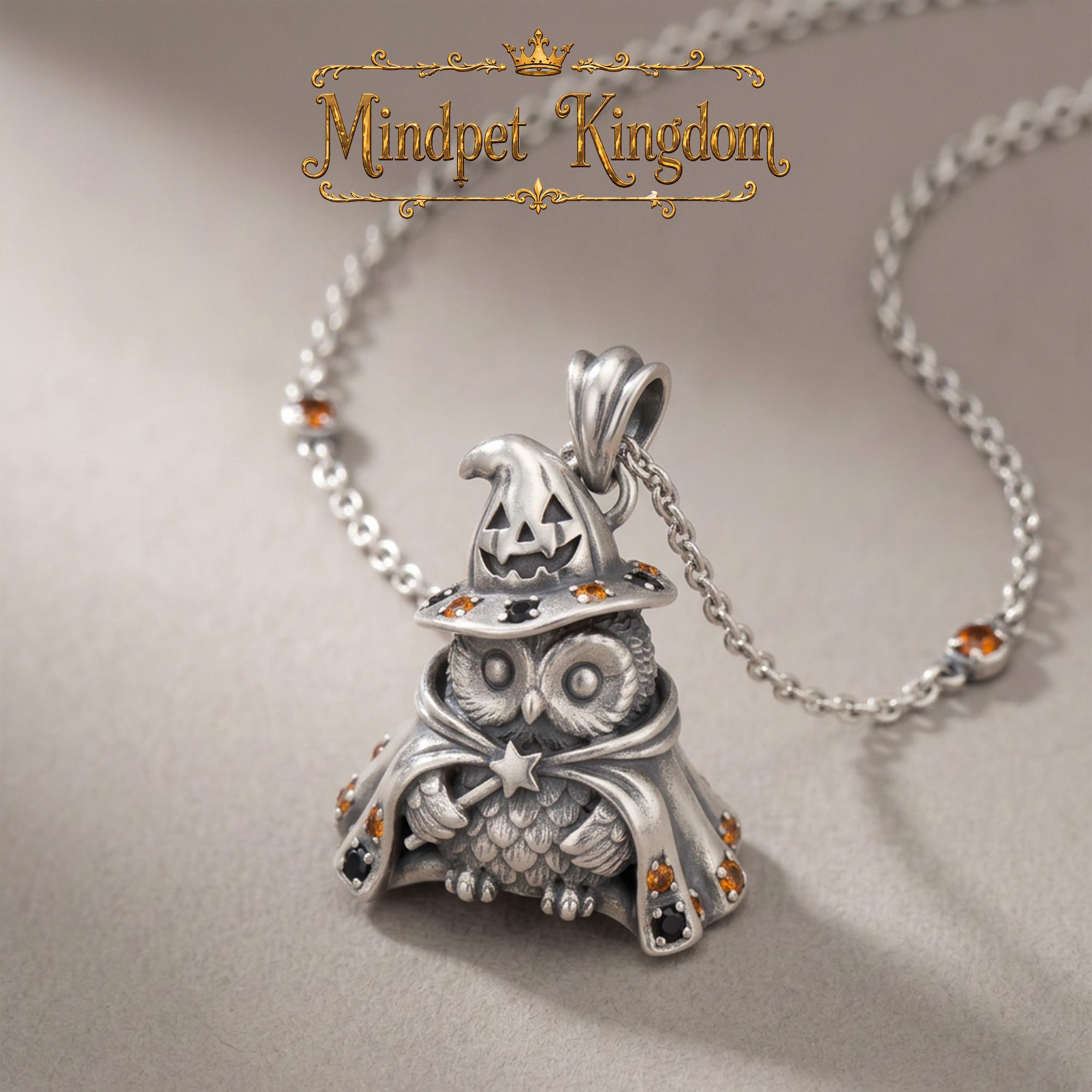 Handmade Halloween Owl Pendant, Witch Hat Owl Necklace with Pumpkin Hat, Spooky Cute Animal Jewelry 