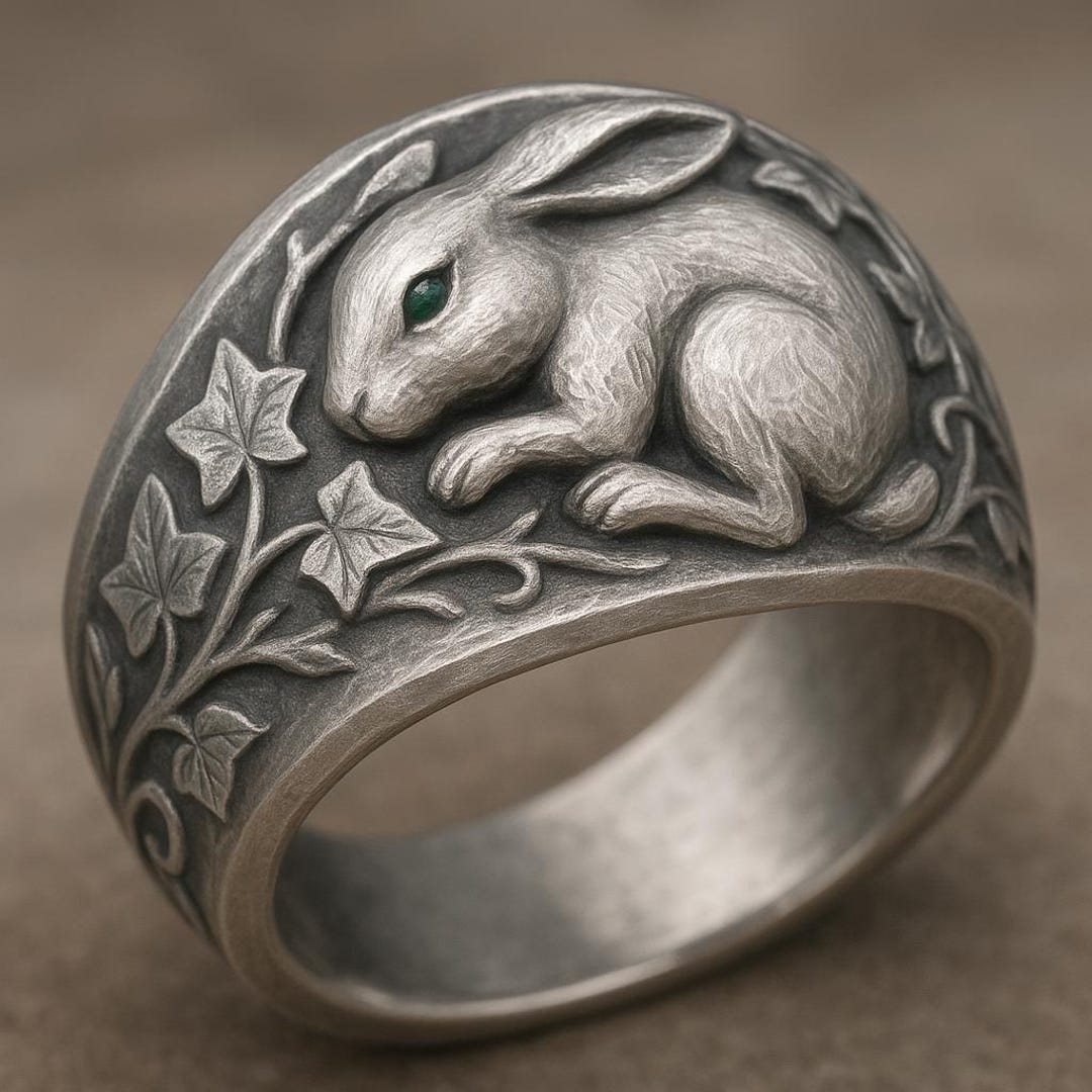 Metal Rabbit Chinese Ring Handmade Sterling Silver Rabbit Ring: Emerald Eye, Woodland Ivy Signet ...