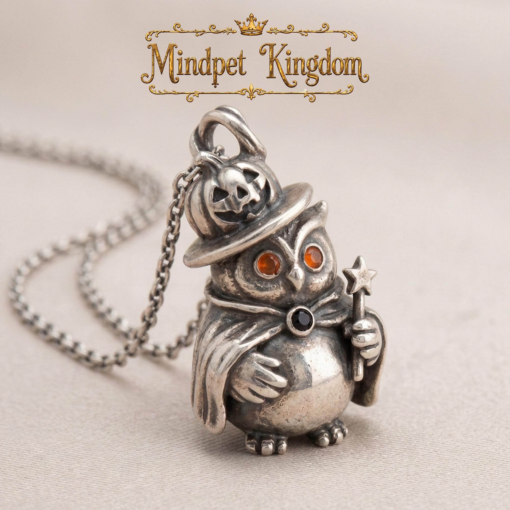 Handmade Halloween Owl Pendant, Witch Hat Owl Necklace with Pumpkin Hat and Star Wand, Cute Spooky A
