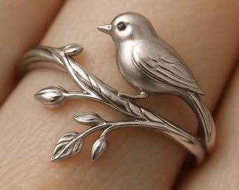 Sterling Silver Bird on Branch Ring - Handmade Nature Jewelry