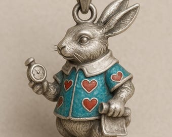 Handmade Sterling Silver Alice in Wonderland White Rabbit Pendant Necklace