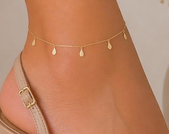 14K Solid Gold Drop Anklet Minimalist Dainty Elegant Delicate Jewelry