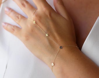 14K Solid Gold Flower Hand Chain Bracelet , Layering Jewelry , Slave Bracelet