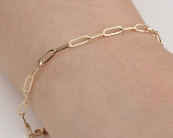 14K Solid Gold Paperclip Chain Bracelet,  Minimalist Link Jewelry