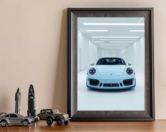 Sleek Light Blue Porsche Poster – Luxury Sports Car Wall Art – Automotive Gift for Car Enthusiasts