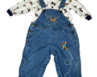 Vintage Miniwear Denim Overalls Shirt Set Embroidered Airplane Baby 6-9 Months