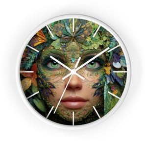 Forest Goddess Wall Clock | Green Leaf Face Art, Nature Decor