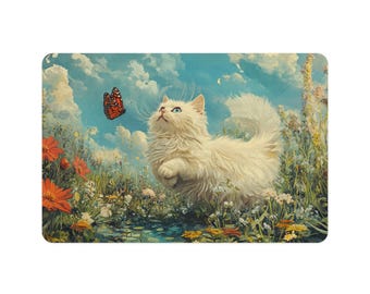 Whimsical Cat Food Mat, Floral Design, Non-Slip Pet Feeding Mat