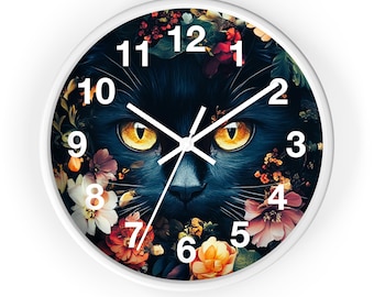 Horloge murale florale avec chat : décoration d'intérieur bohème, montre d'art animalier