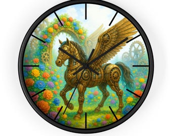 Orologio da parete Steampunk Pegasus: stravagante arte fantasy floreale