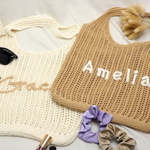 Sac fourre-tout au crochet personnalisé, Sac de plage personnalisé avec nom, Sac au crochet pour femme, Sac de plage de demoiselle d'honneur, Sac de plage pour EVJF