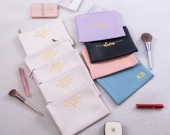 Pochette avec nom personnalisé, pochette de mariée personnalisée, pochette à maquillage en cuir, pochette monogramme, cadeau de demoiselle d'honneur, cadeau de fête nuptiale