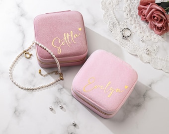 Personalised Velvet Jewellery Box: Bridesmaid Jewelry Case, Travel Jewelry Organizer, Birthday Gift for Mom