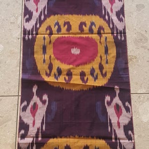 Vintage Uzbek Ikat Runner  Handwoven Silk & Cotton Textile  Mid-20th Century Central Asian Decor (178x45 cm) 70x18 inches.