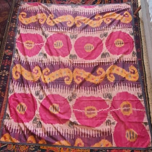 Large Antique Uzbek Silk Ikat 200x172cm  Handwoven Central Asian Textile with Cotton Lining  Vibrant Medallion Pattern