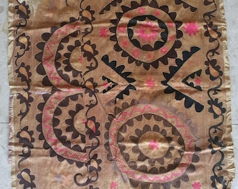 Antique Lakai Suzani Fragment Silk Embroidery on silk-Satin, Uzbekistan, ca. 1850 (127x102 cm)