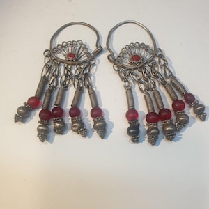 Antique 18th–19th Century Bukhara Silver Earrings Central Asian Tribal Jewelry Red Glass Beads & Granulated Dangles Rare Ethnic Heirloom