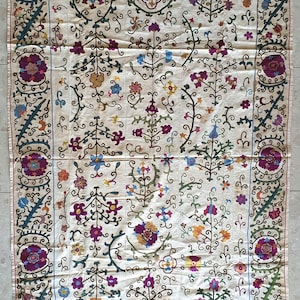 Antique Shakhrisabz Suzani | Uzbek Embroidery | Handcrafted Silk on Cotton | 220x135cm | Central Asian Textile Wall Hanging