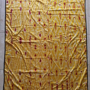 Antique Uzbek Ikat Textile  Yellow & Red Silk Adras Panel  Handwoven Central Asian Fabric  194x140cm