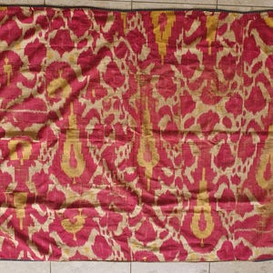 Antique Uzbek Silk Ikat Textile  ca. 1920s–40s Handwoven Throw  Red & Gold Vintage Central Asian Fabric 124x120cm 49x47.2 inches