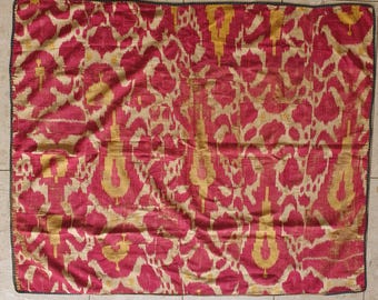 Antique Uzbek Silk Ikat Textile  ca. 1920s–40s Handwoven Throw  Red & Gold Vintage Central Asian Fabric 124x120cm 49x47.2 inches