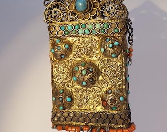 Antique Bukhara Ethnic Amulet Pendant Coral and Turquoise Central Asian Tribal Jewelry Vintage Talisman Ornament. First quarter 19th century