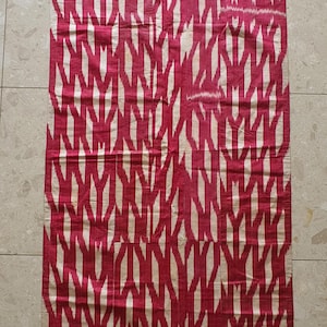 Vintage Uzbek Silk Ikat Panel  Red & Cream Geometric Pattern  Handwoven Textile  190x88 cm