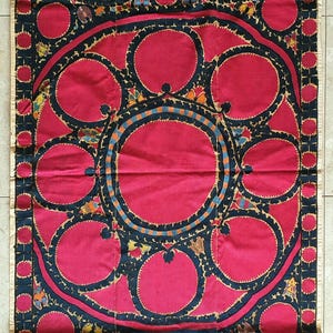 Antique Pashkent Suzani  218x108 cm Hand-Embroidered Silk on Cotton . Uzbekistan Central Asian Textile Masterpiece