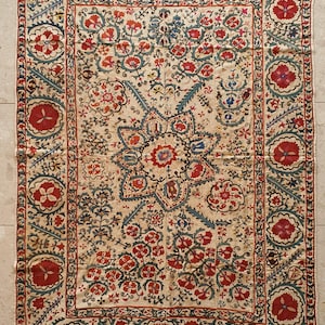 Antique Nurata Suzani Hand Embroidered Uzbek Tajik Textile Circa 1800 Silk on Cotton Central Asian Wall Hanging Tribal Embroidery Art