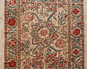 Antique Nurata Suzani Hand Embroidered Uzbek Tajik Textile Circa 1860 Silk on Cotton Central Asian Wall Hanging Tribal Embroidery Art