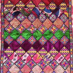 Antique Uzbek Patchwork Suzani Quilt  early 20th c Ikat Silk & Gold Embroidery velvet Textile  Central Asian Wall Hanging