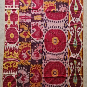 Museum-Quality Antique Uzbek Ikat Textile  231x141cm Hand-Dyed Silk .  Back side Cotton .  Ferghana Valley 19th Century Wall Hanging