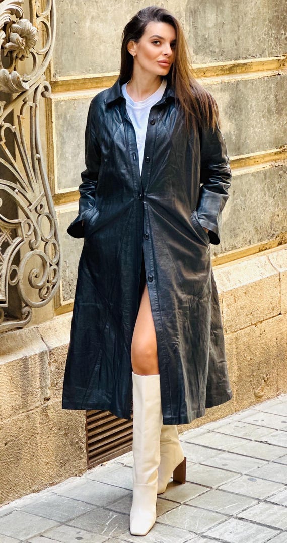 Vintage 90s Black Long Leather Coat