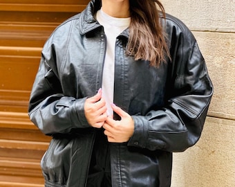 Vintage 2000s Black Leather Oversized Bomber Jacket