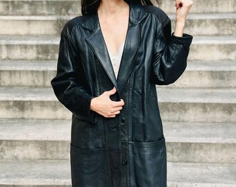 Vintage 80s Black Leather Blazer Jacket, Oversized Long Coat, Retro Minimalist Biker Style