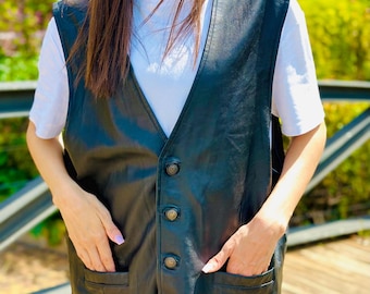 Vintage Oversized Genuine Leather Vest – 90s Grunge Biker Style