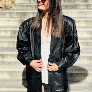 Veste blazer oversize vintage en cuir véritable – manteau en cuir véritable noir des années 80/90, coupe boyfriend, vêtements d'extérieur tendance