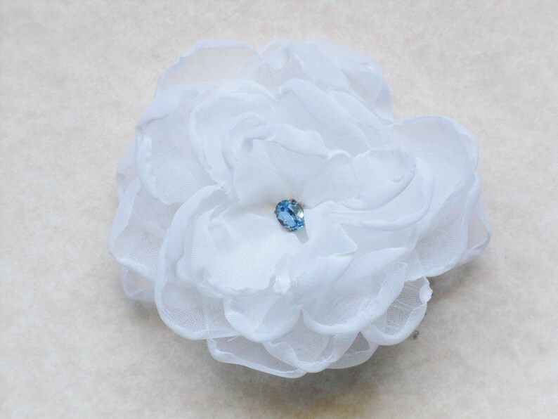 White Flower Hair Comb Bridal Blue Rhinestone Floral Fascinator Wedding Headpiece Something Blue
