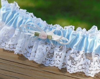 Blue Bridal Garter Off White Lace Wedding Something Blue Accessory Small Medium