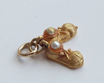 Gold Baby Shoes Charm Pendant with Pearl Vintage